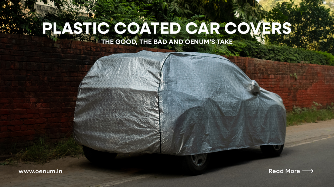Oenum classique car cover put on a car at a random street with red wall 