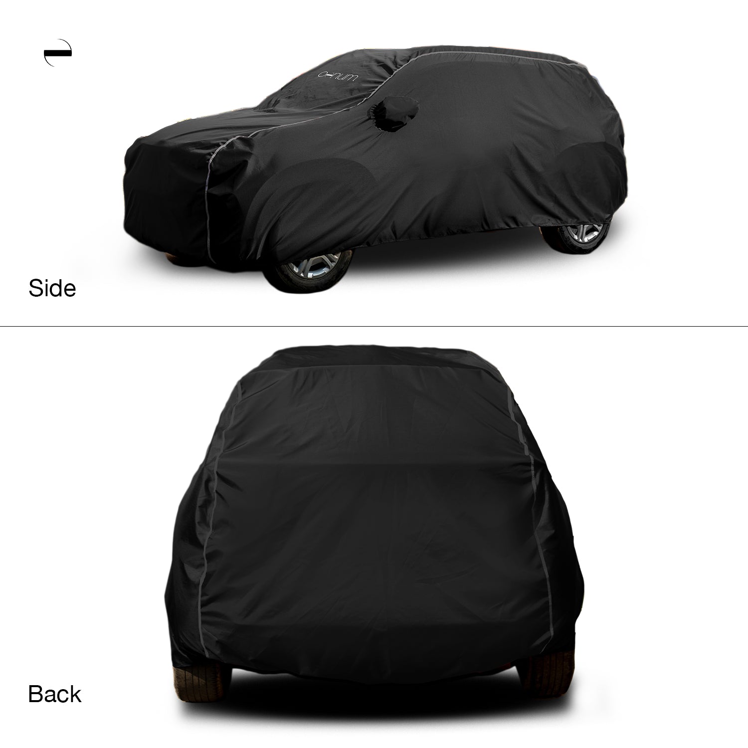 Side and Back shot image of Oenum plasma black custom fit car cover on white background with mirror pocket