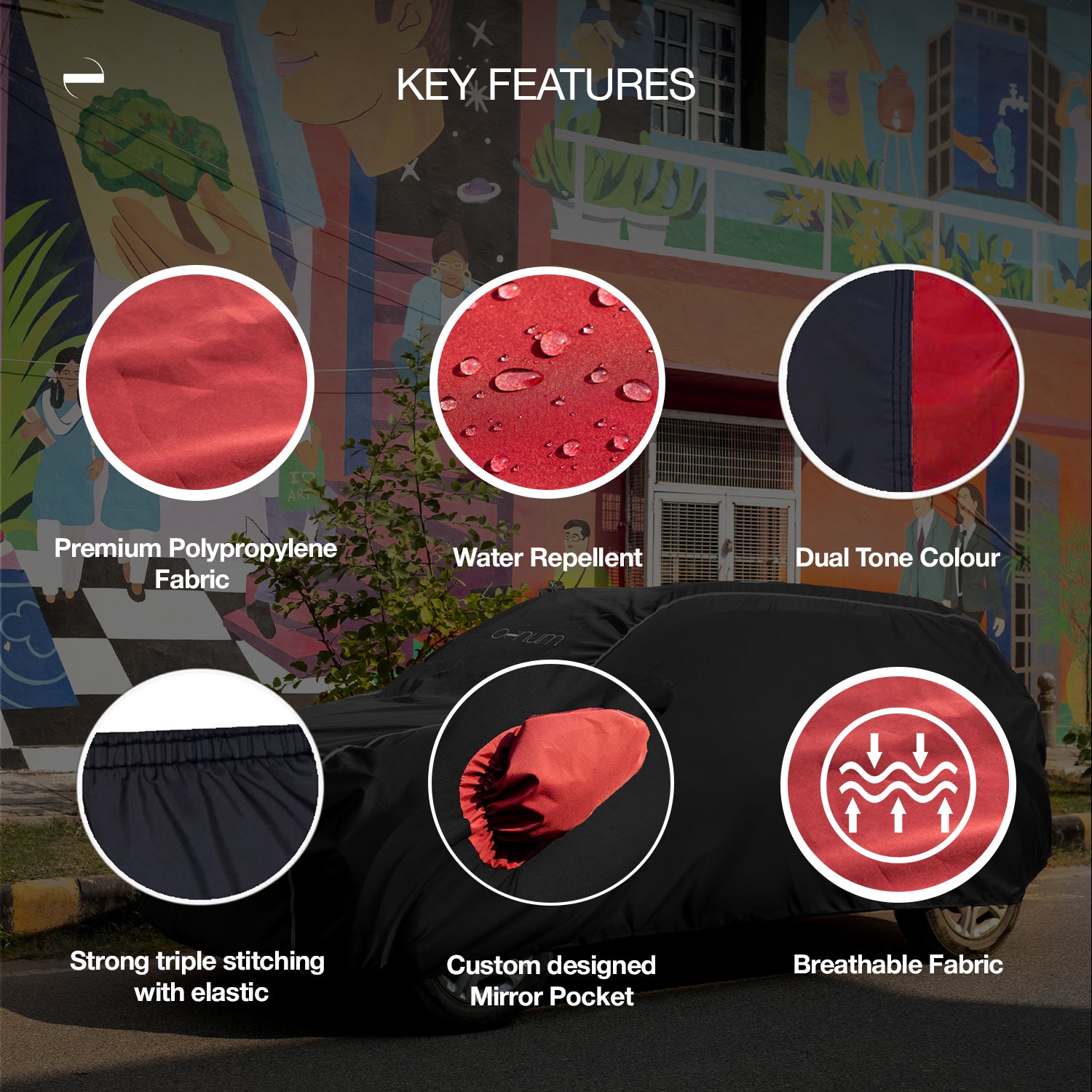 Infographic titled 'Key Features' for the OENUM Plasma black custom fit car cover, showing six labeled close-ups: black polypropylene fabric texture, water beading on the water-repellent surface, solid black fabric finish, elastic hem with triple stitching, black custom-fit mirror pocket, and a breathability icon with airflow arrows, over a Plasma cover fitted on a car parked before a colourful street mural.