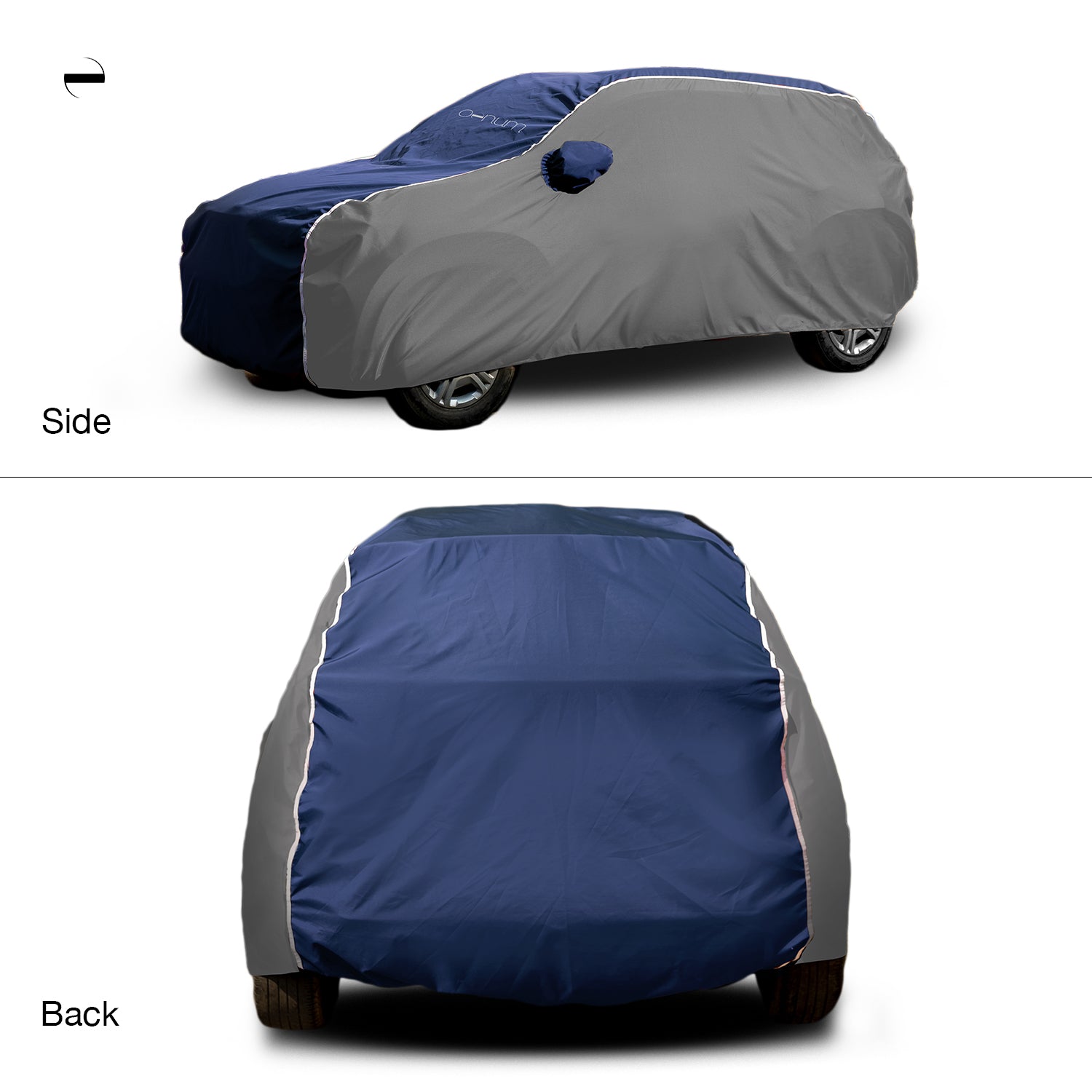 Side and Back shot image of Oenum plasma blue grey custom fit car cover on white background with mirror pocket