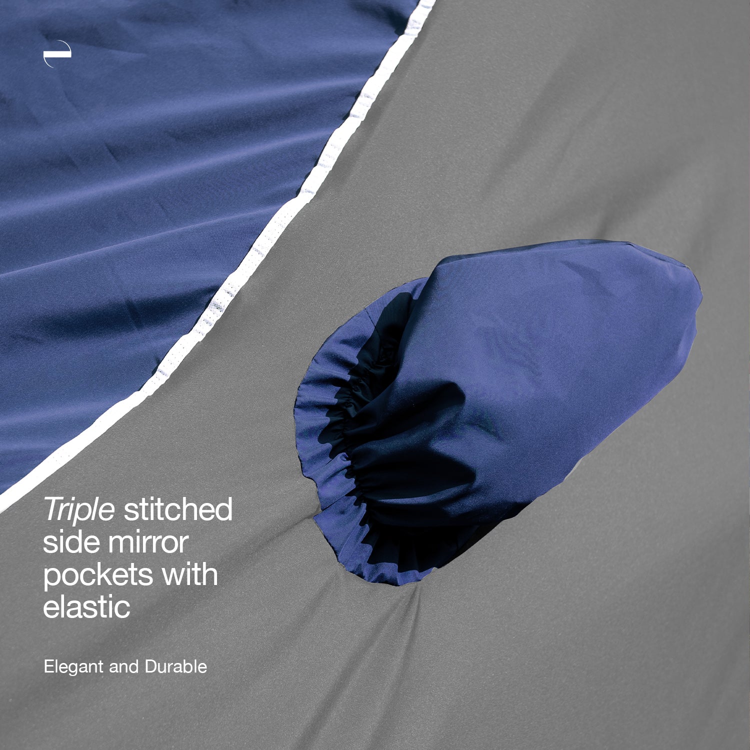 Precision fit contrasting blue color mirror on grey side of Oenum plasma blue grey custom fit car cover