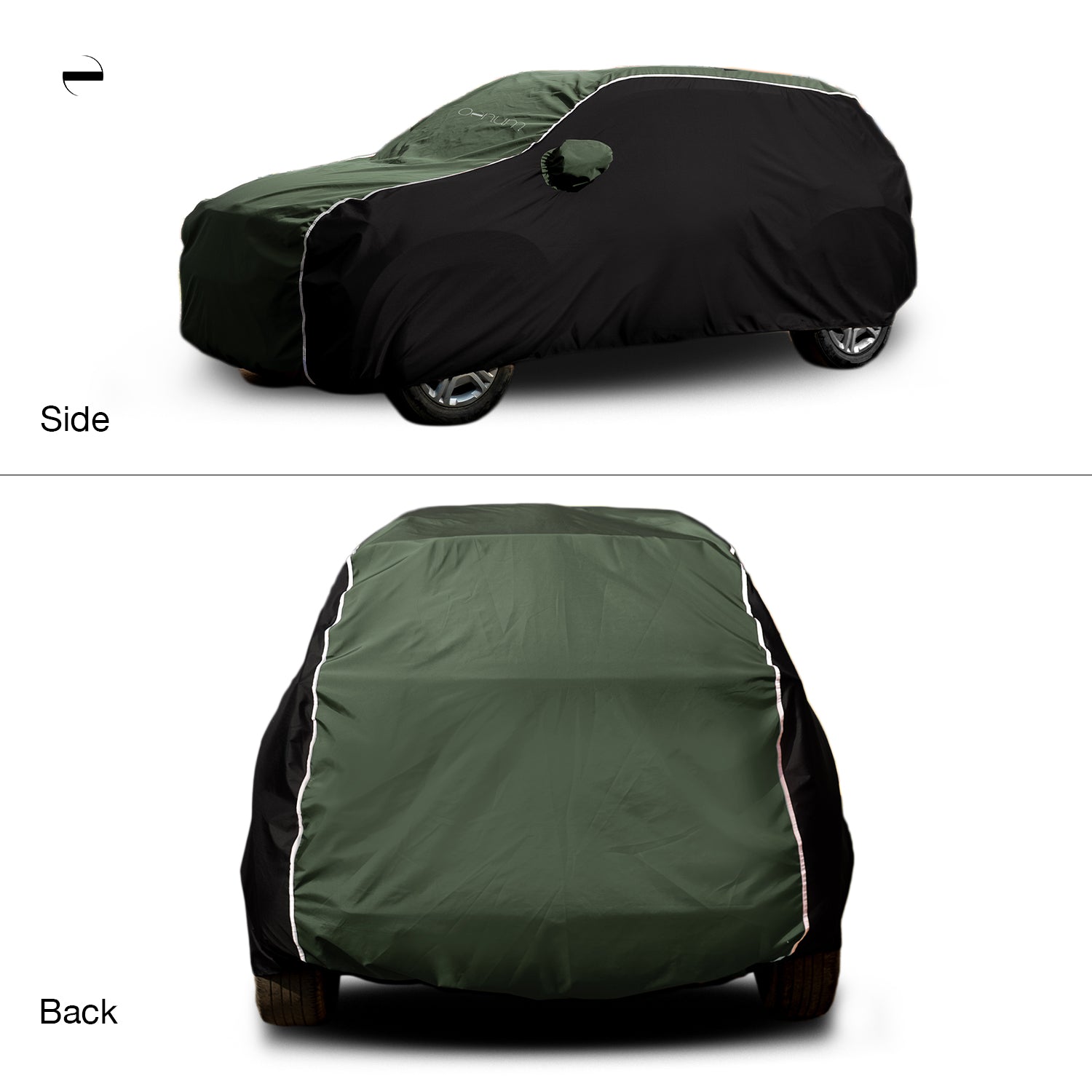 Side and Back shot image of Oenum plasma green black custom fit car cover on white background with mirror pocket