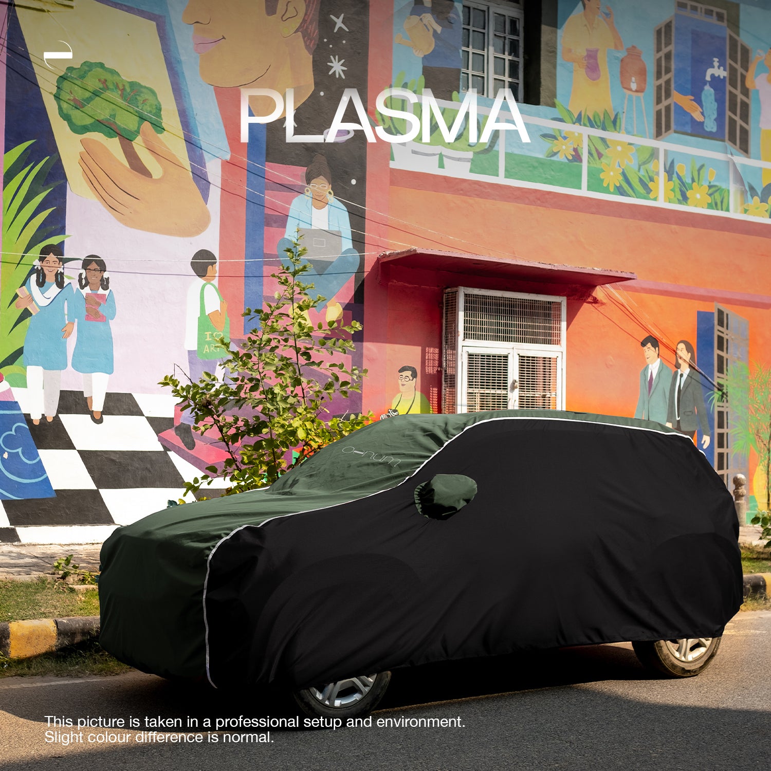 Side Lifestyle shot of Oenum plasma green black custom fit car cover on a car parked on society's surrounding street with colorful mural backdrop