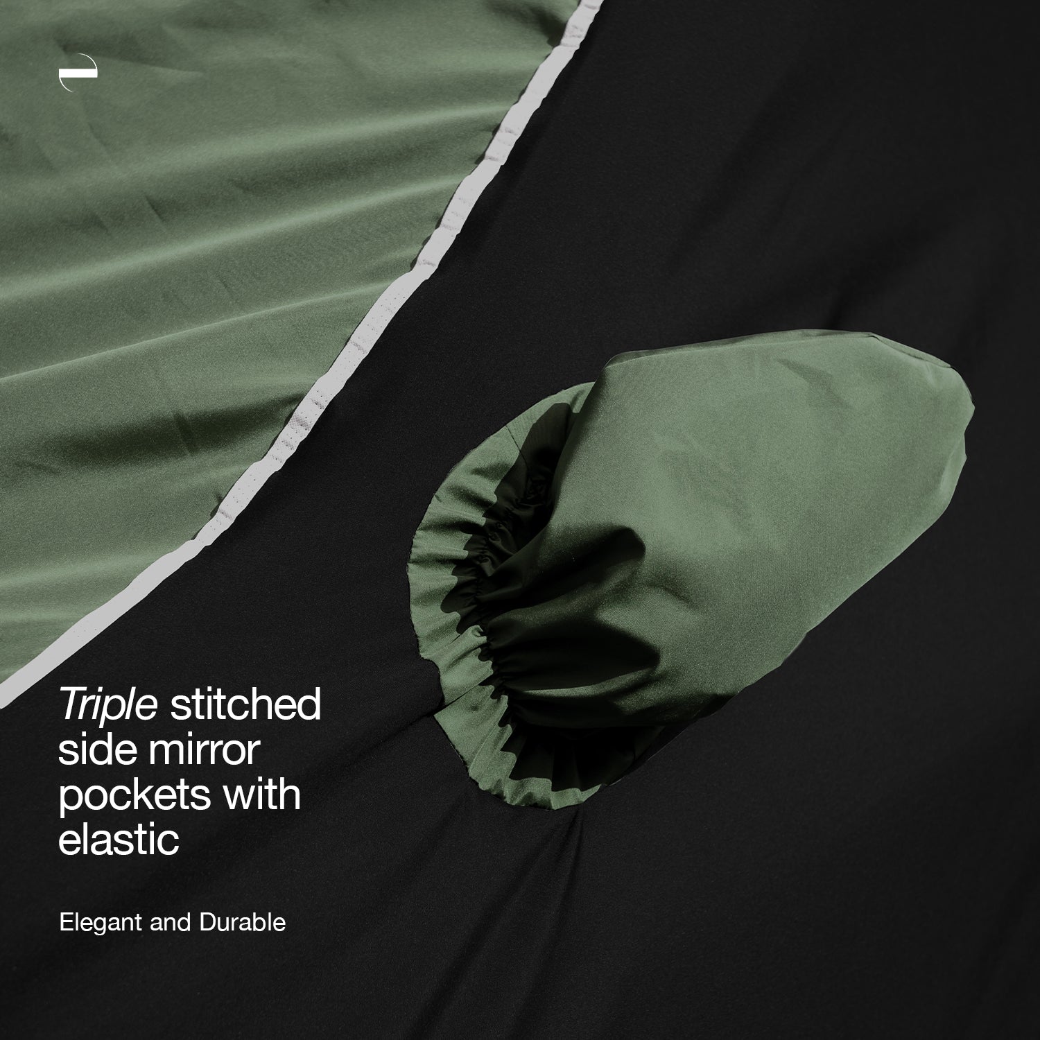 Precision fit contrasting green color mirror on black side of Oenum plasma green black custom fit car cover