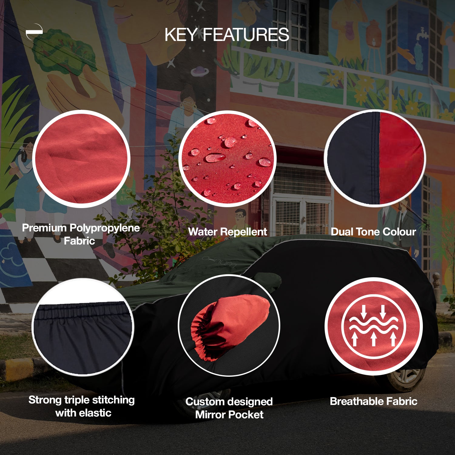 Infographic titled 'Key Features' for the OENUM Plasma green black custom fit car cover, showing six labeled close-ups: green polypropylene fabric texture, water beading on the water-repellent surface, dual-tone black-and-green fabric split, elastic hem with triple stitching, green-and-black custom-fit mirror pocket, and a breathability icon with airflow arrows, over a Plasma cover fitted on a car parked before a colourful street mural.