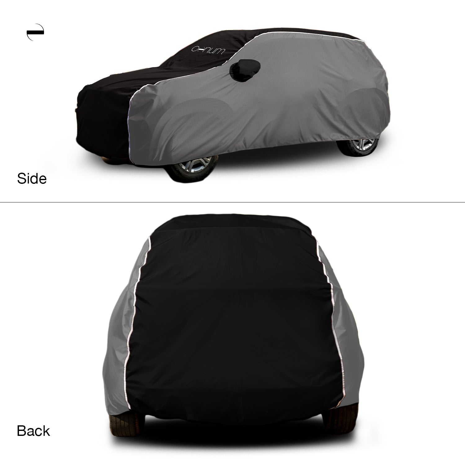 Side and Back shot image of Oenum plasma black grey custom fit car cover on white background with mirror pocket