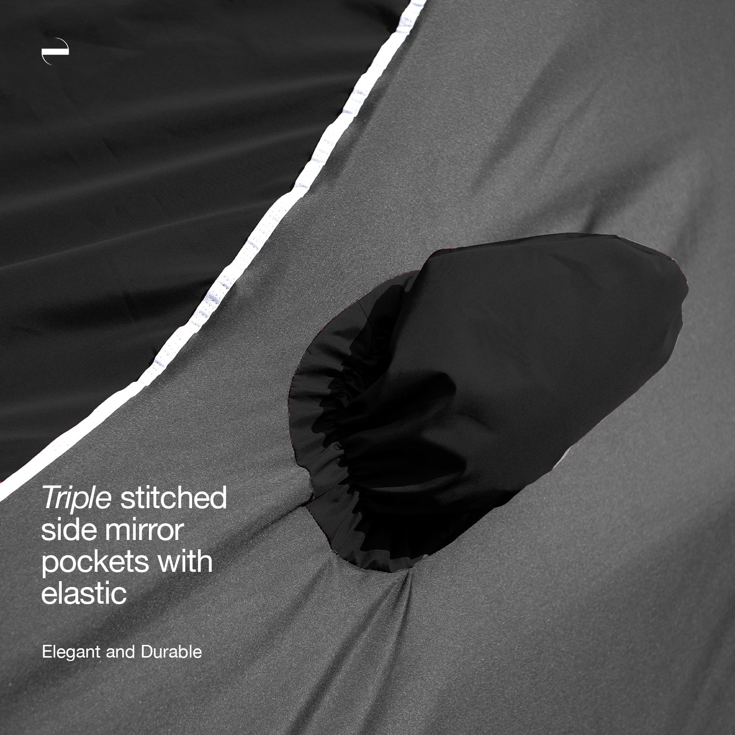 Precision fit contrasting black color mirror on grey side of Oenum plasma black grey custom fit car cover