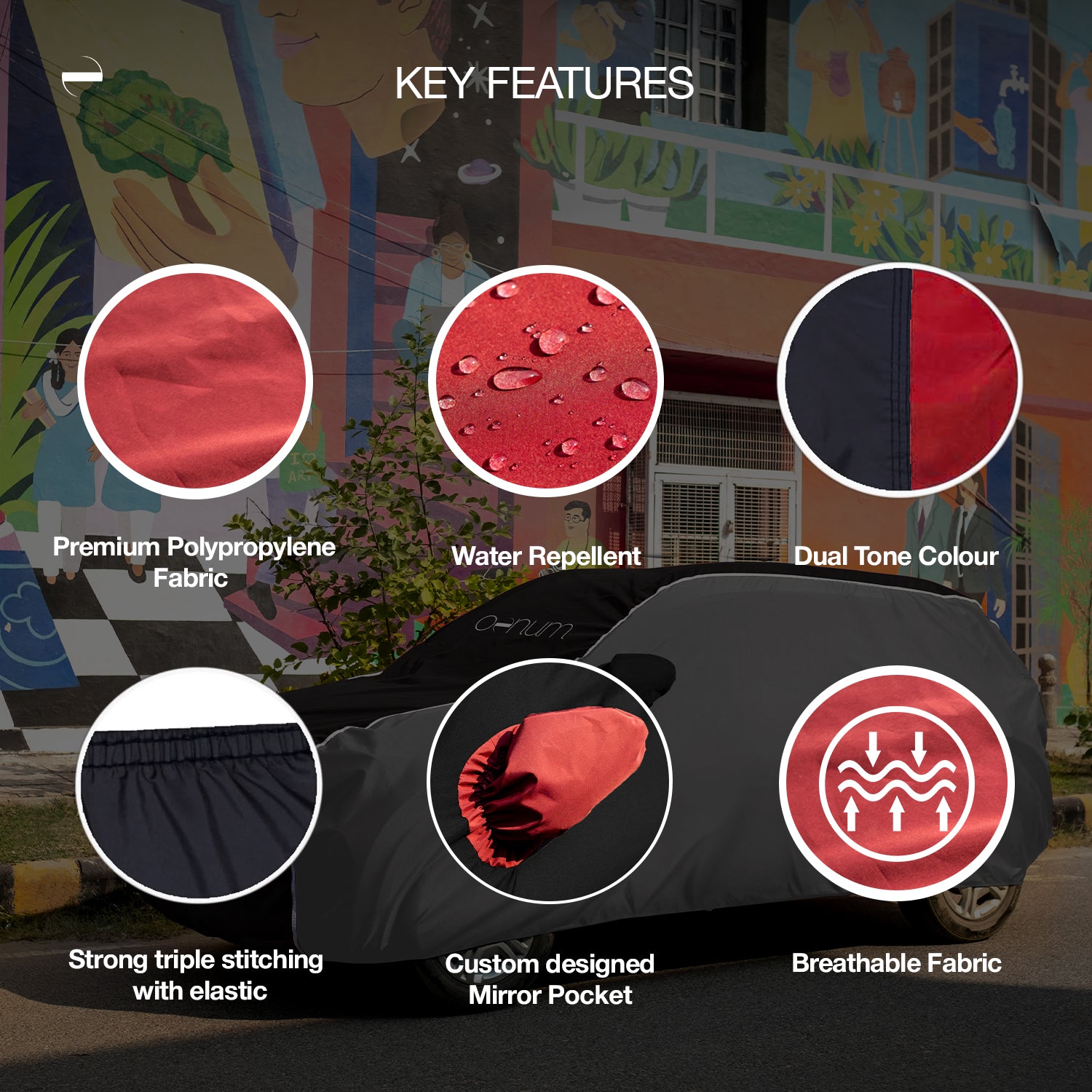 Infographic titled 'Key Features' for the OENUM Plasma black grey custom fit car cover, showing six labeled close-ups: black polypropylene fabric texture, water beading on the water-repellent surface, dual-tone grey-and-black fabric split, elastic hem with triple stitching, black-and-grey custom-fit mirror pocket, and a breathability icon with airflow arrows, over a Plasma cover fitted on a car parked before a colourful street mural.
